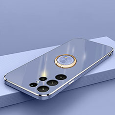 Silikon Hülle Handyhülle Ultra Dünn Schutzhülle Flexible Tasche Silikon mit Magnetisch Fingerring Ständer T04 für Samsung Galaxy S22 Ultra 5G Blau