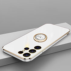 Silikon Hülle Handyhülle Ultra Dünn Schutzhülle Flexible Tasche Silikon mit Magnetisch Fingerring Ständer T04 für Samsung Galaxy S22 Ultra 5G Weiß