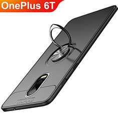 Silikon Hülle Handyhülle Ultra Dünn Schutzhülle Silikon mit Magnetisch Fingerring Ständer für OnePlus 6T Schwarz