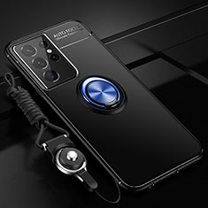 Silikon Hülle Handyhülle Ultra Dünn Schutzhülle Tasche Flexible mit Magnetisch Fingerring Ständer A05 für Samsung Galaxy S23 Ultra 5G Blau und Schwarz