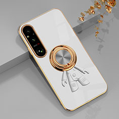 Silikon Hülle Handyhülle Ultra Dünn Schutzhülle Tasche Flexible mit Magnetisch Fingerring Ständer AN1 für Sony Xperia 1 V Weiß