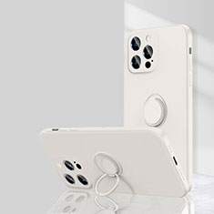 Silikon Hülle Handyhülle Ultra Dünn Schutzhülle Tasche Flexible mit Magnetisch Fingerring Ständer G01 für Apple iPhone 15 Pro Max Weiß