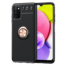 Silikon Hülle Handyhülle Ultra Dünn Schutzhülle Tasche Flexible mit Magnetisch Fingerring Ständer JM1 für Samsung Galaxy A02s Gold und Schwarz