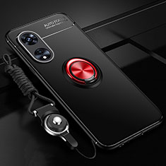 Silikon Hülle Handyhülle Ultra Dünn Schutzhülle Tasche Flexible mit Magnetisch Fingerring Ständer JM3 für Oppo A97 5G Rot und Schwarz