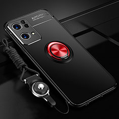 Silikon Hülle Handyhülle Ultra Dünn Schutzhülle Tasche Flexible mit Magnetisch Fingerring Ständer JM3 für Oppo Reno7 Pro 5G Rot und Schwarz