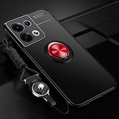 Silikon Hülle Handyhülle Ultra Dünn Schutzhülle Tasche Flexible mit Magnetisch Fingerring Ständer JM3 für Oppo Reno9 Pro+ Plus 5G Rot und Schwarz