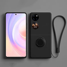 Silikon Hülle Handyhülle Ultra Dünn Schutzhülle Tasche Flexible mit Magnetisch Fingerring Ständer S01 für Huawei P50 Pocket Schwarz