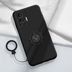 Silikon Hülle Handyhülle Ultra Dünn Schutzhülle Tasche Flexible mit Magnetisch Fingerring Ständer S01 für Vivo X70 Pro 5G Schwarz