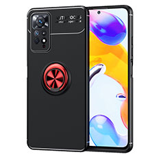 Silikon Hülle Handyhülle Ultra Dünn Schutzhülle Tasche Flexible mit Magnetisch Fingerring Ständer SD1 für Xiaomi Redmi Note 11 Pro 4G Rot und Schwarz