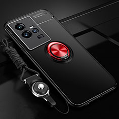 Silikon Hülle Handyhülle Ultra Dünn Schutzhülle Tasche Flexible mit Magnetisch Fingerring Ständer SD3 für Vivo iQOO 11 Pro 5G Rot und Schwarz