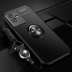 Silikon Hülle Handyhülle Ultra Dünn Schutzhülle Tasche Flexible mit Magnetisch Fingerring Ständer SD3 für Vivo iQOO Z6x Schwarz