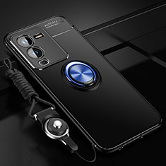 Silikon Hülle Handyhülle Ultra Dünn Schutzhülle Tasche Flexible mit Magnetisch Fingerring Ständer SD3 für Vivo V25 Pro 5G Blau und Schwarz