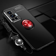 Silikon Hülle Handyhülle Ultra Dünn Schutzhülle Tasche Flexible mit Magnetisch Fingerring Ständer SD3 für Vivo X70 Pro 5G Rot und Schwarz