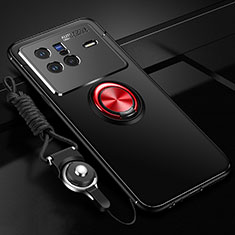 Silikon Hülle Handyhülle Ultra Dünn Schutzhülle Tasche Flexible mit Magnetisch Fingerring Ständer SD3 für Vivo X80 5G Rot und Schwarz