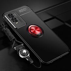 Silikon Hülle Handyhülle Ultra Dünn Schutzhülle Tasche Flexible mit Magnetisch Fingerring Ständer SD3 für Vivo Y76s 5G Rot und Schwarz