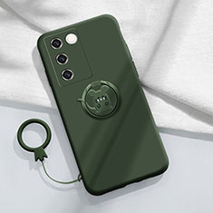 Silikon Hülle Handyhülle Ultra Dünn Schutzhülle Tasche Flexible mit Magnetisch Fingerring Ständer Z01 für Vivo V27 5G Nachtgrün