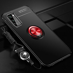 Silikon Hülle Handyhülle Ultra Dünn Schutzhülle Tasche Silikon mit Magnetisch Fingerring Ständer für Huawei Honor V30 5G Rot und Schwarz