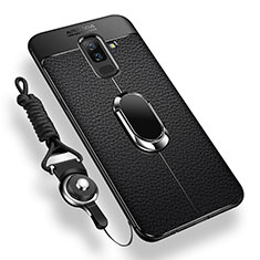 Silikon Hülle Handyhülle Ultra Dünn Schutzhülle Tasche Silikon mit Magnetisch Fingerring Ständer für Samsung Galaxy A6 Plus Schwarz