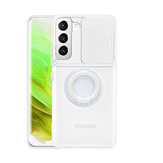 Silikon Hülle Handyhülle Ultradünn Schutzhülle Flexible Tasche Durchsichtig Transparent mit Fingerring Ständer S01 für Samsung Galaxy S23 5G Weiß