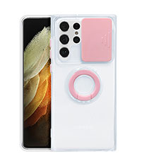 Silikon Hülle Handyhülle Ultradünn Schutzhülle Flexible Tasche Durchsichtig Transparent mit Fingerring Ständer S02 für Samsung Galaxy S23 Ultra 5G Rosa