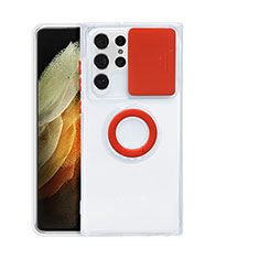 Silikon Hülle Handyhülle Ultradünn Schutzhülle Flexible Tasche Durchsichtig Transparent mit Fingerring Ständer S02 für Samsung Galaxy S23 Ultra 5G Rot