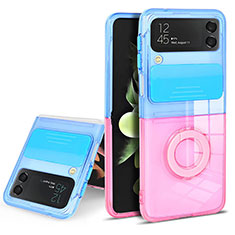 Silikon Hülle Handyhülle Ultradünn Schutzhülle Flexible Tasche Durchsichtig Transparent mit Fingerring Ständer S02 für Samsung Galaxy Z Flip3 5G Blau