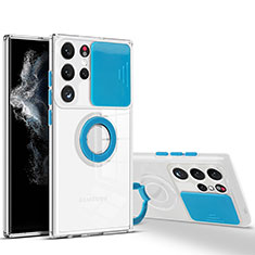 Silikon Hülle Handyhülle Ultradünn Schutzhülle Flexible Tasche Durchsichtig Transparent mit Fingerring Ständer S03 für Samsung Galaxy S23 Ultra 5G Blau