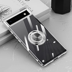 Silikon Hülle Handyhülle Ultradünn Schutzhülle Flexible Tasche Durchsichtig Transparent mit Magnetisch Fingerring Ständer AN1 für Google Pixel 6a 5G Silber