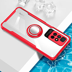 Silikon Hülle Handyhülle Ultradünn Schutzhülle Flexible Tasche Durchsichtig Transparent mit Magnetisch Fingerring Ständer BH1 für Xiaomi Poco M4 Pro 5G Rot