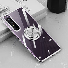 Silikon Hülle Handyhülle Ultradünn Schutzhülle Flexible Tasche Durchsichtig Transparent mit Magnetisch Fingerring Ständer für Sony Xperia 1 III Silber