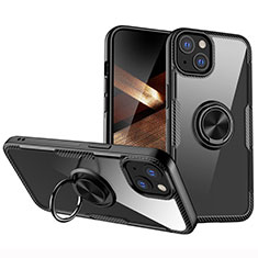 Silikon Hülle Handyhülle Ultradünn Schutzhülle Flexible Tasche Durchsichtig Transparent mit Magnetisch Fingerring Ständer S01 für Apple iPhone 15 Plus Schwarz