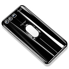 Silikon Hülle Handyhülle Ultradünn Schutzhülle Tasche Durchsichtig Transparent mit Fingerring Ständer S01 für Huawei Honor 9 Schwarz