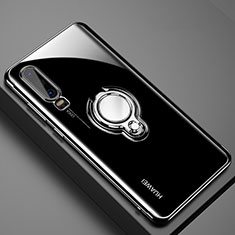 Silikon Hülle Handyhülle Ultradünn Schutzhülle Tasche Durchsichtig Transparent mit Magnetisch Fingerring Ständer C01 für Huawei P30 Schwarz