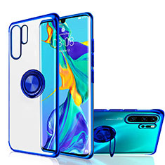 Silikon Hülle Handyhülle Ultradünn Schutzhülle Tasche Durchsichtig Transparent mit Magnetisch Fingerring Ständer C04 für Huawei P30 Pro Blau