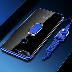 Silikon Hülle Handyhülle Ultradünn Schutzhülle Tasche Durchsichtig Transparent mit Magnetisch Fingerring Ständer S01 für Huawei Y6 (2018) Blau