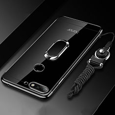 Silikon Hülle Handyhülle Ultradünn Schutzhülle Tasche Durchsichtig Transparent mit Magnetisch Fingerring Ständer S01 für Huawei Y6 (2018) Schwarz