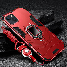 Silikon Hülle Handyhülle und Kunststoff Schutzhülle Hartschalen Tasche mit Magnetisch Fingerring Ständer für Apple iPhone 15 Plus Rot