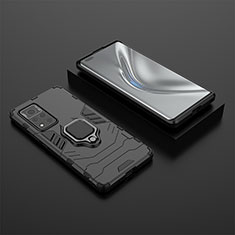 Silikon Hülle Handyhülle und Kunststoff Schutzhülle Hartschalen Tasche mit Magnetisch Fingerring Ständer für Huawei Honor V40 5G Schwarz