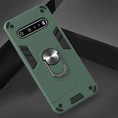 Silikon Hülle Handyhülle und Kunststoff Schutzhülle Hartschalen Tasche mit Magnetisch Fingerring Ständer für LG V60 ThinQ 5G Grün