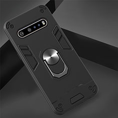 Silikon Hülle Handyhülle und Kunststoff Schutzhülle Hartschalen Tasche mit Magnetisch Fingerring Ständer für LG V60 ThinQ 5G Schwarz