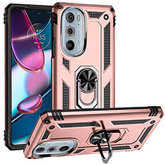 Silikon Hülle Handyhülle und Kunststoff Schutzhülle Hartschalen Tasche mit Magnetisch Fingerring Ständer für Motorola Moto Edge 30 Pro 5G Rosegold