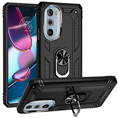 Silikon Hülle Handyhülle und Kunststoff Schutzhülle Hartschalen Tasche mit Magnetisch Fingerring Ständer für Motorola Moto Edge 30 Pro 5G Schwarz