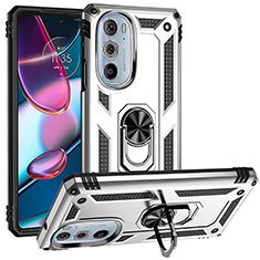 Silikon Hülle Handyhülle und Kunststoff Schutzhülle Hartschalen Tasche mit Magnetisch Fingerring Ständer für Motorola Moto Edge 30 Pro 5G Silber