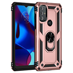 Silikon Hülle Handyhülle und Kunststoff Schutzhülle Hartschalen Tasche mit Magnetisch Fingerring Ständer für Motorola Moto G Play (2023) Rosegold