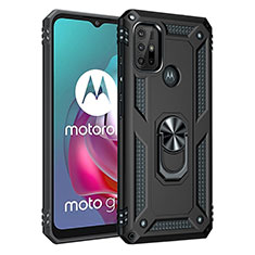 Silikon Hülle Handyhülle und Kunststoff Schutzhülle Hartschalen Tasche mit Magnetisch Fingerring Ständer für Motorola Moto G10 Schwarz