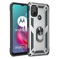 Silikon Hülle Handyhülle und Kunststoff Schutzhülle Hartschalen Tasche mit Magnetisch Fingerring Ständer für Motorola Moto G10 Silber