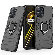 Silikon Hülle Handyhülle und Kunststoff Schutzhülle Hartschalen Tasche mit Magnetisch Fingerring Ständer für Realme 9i 5G Schwarz