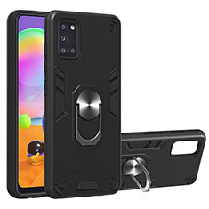 Silikon Hülle Handyhülle und Kunststoff Schutzhülle Hartschalen Tasche mit Magnetisch Fingerring Ständer für Samsung Galaxy A31 Schwarz