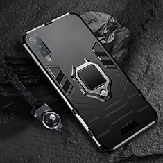 Silikon Hülle Handyhülle und Kunststoff Schutzhülle Hartschalen Tasche mit Magnetisch Fingerring Ständer für Samsung Galaxy A7 (2018) A750 Schwarz