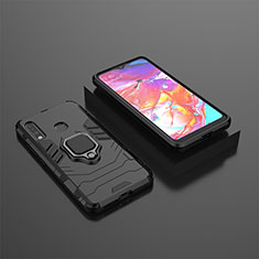 Silikon Hülle Handyhülle und Kunststoff Schutzhülle Hartschalen Tasche mit Magnetisch Fingerring Ständer für Samsung Galaxy A70E Schwarz
